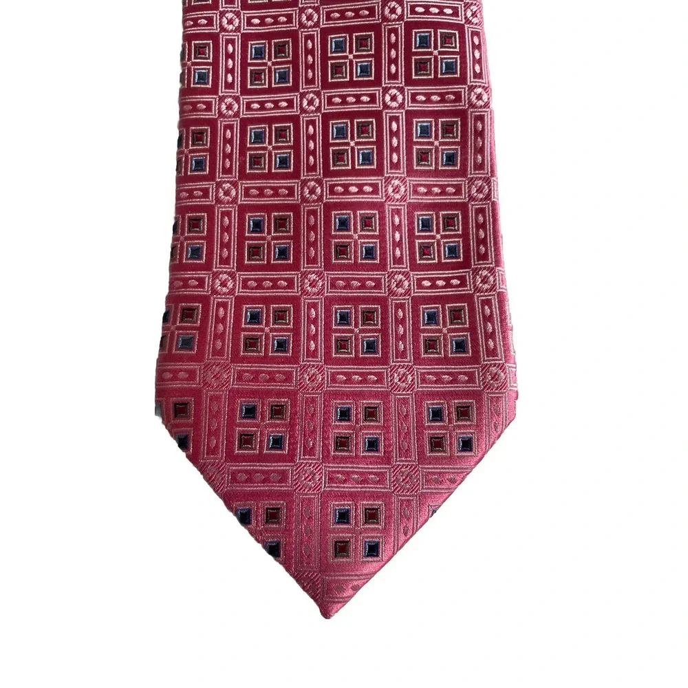 ERMENEGILDO ZEGNA Silk Necktie ITALY Pink‎ Dashes Squares Dots Graphic Weave